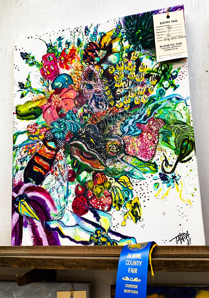 Acrylic painting of multiple images that blend together to appear as a bouquet