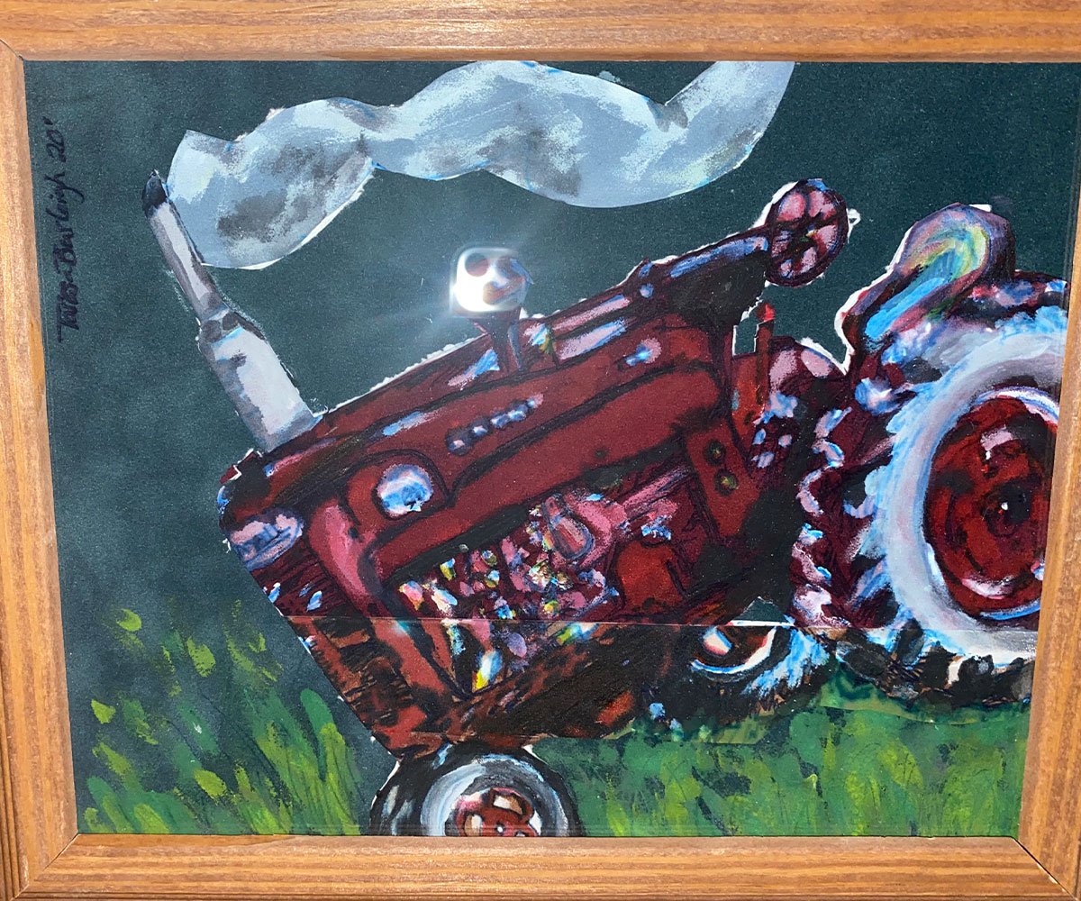 Art of Farmall tractor rolling down hill in some grass that was created on cut-outs of matting board and then painted on in acrylic